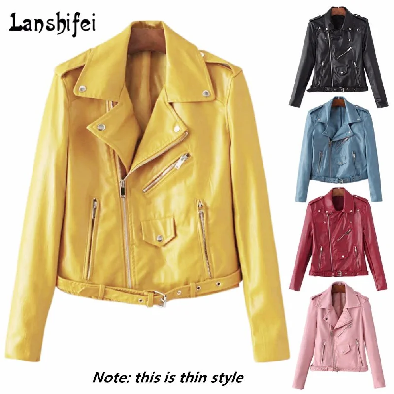 Women’s cashmere coats for luxurious feel -New Fashion Motorcycle PU Leather Jacket Lady