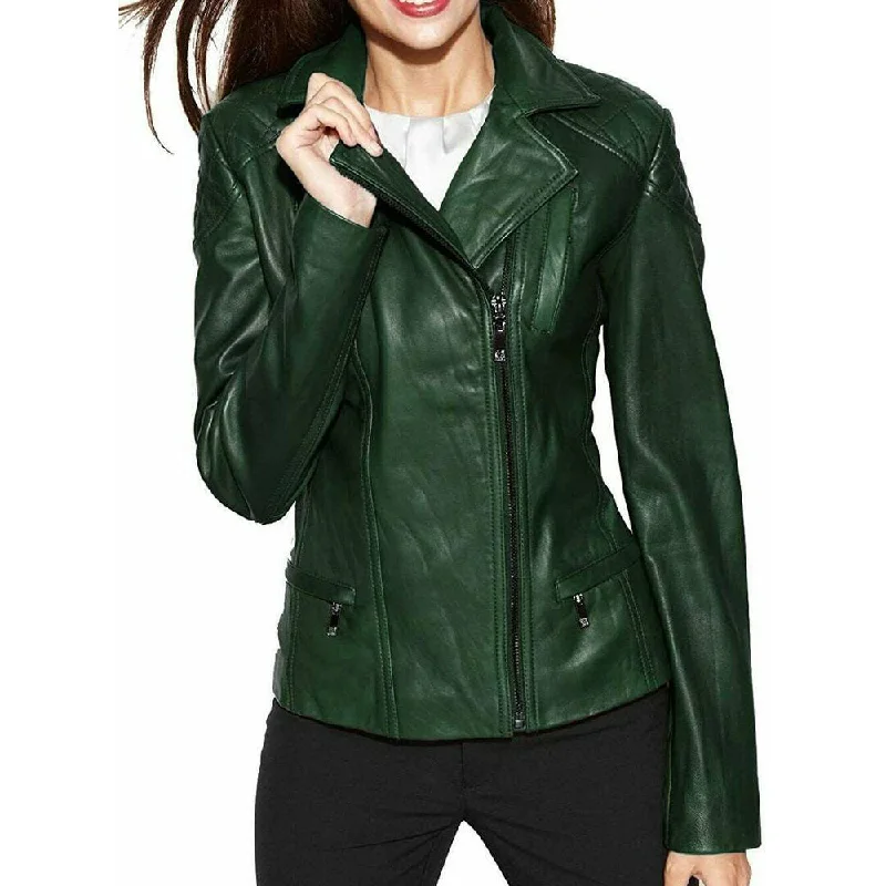 Women’s wool coats for sophisticated warmth -Slim fit Biker Green Leather Jacket