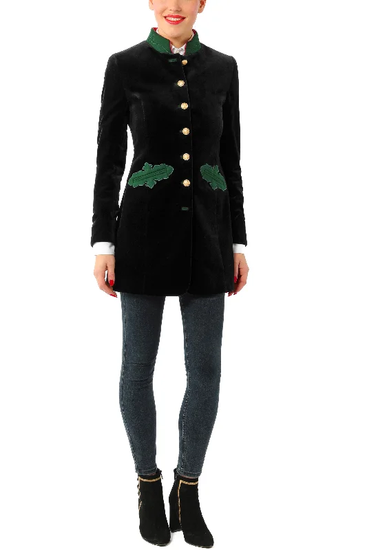 Women’s checkered blazers for trendy flair -Long blazer from black velvet and green loden