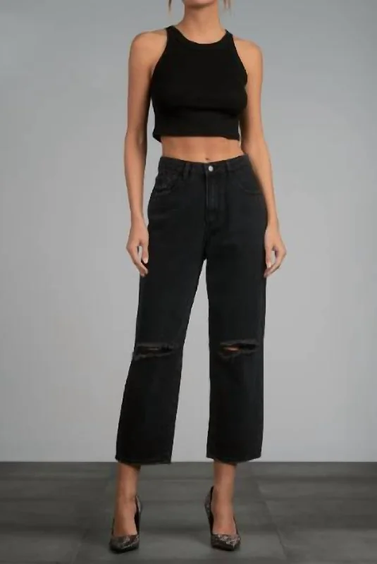 Women’s pleated trousers for office wear -Fray Hem Distressed Crop Jeans In Black Vintage