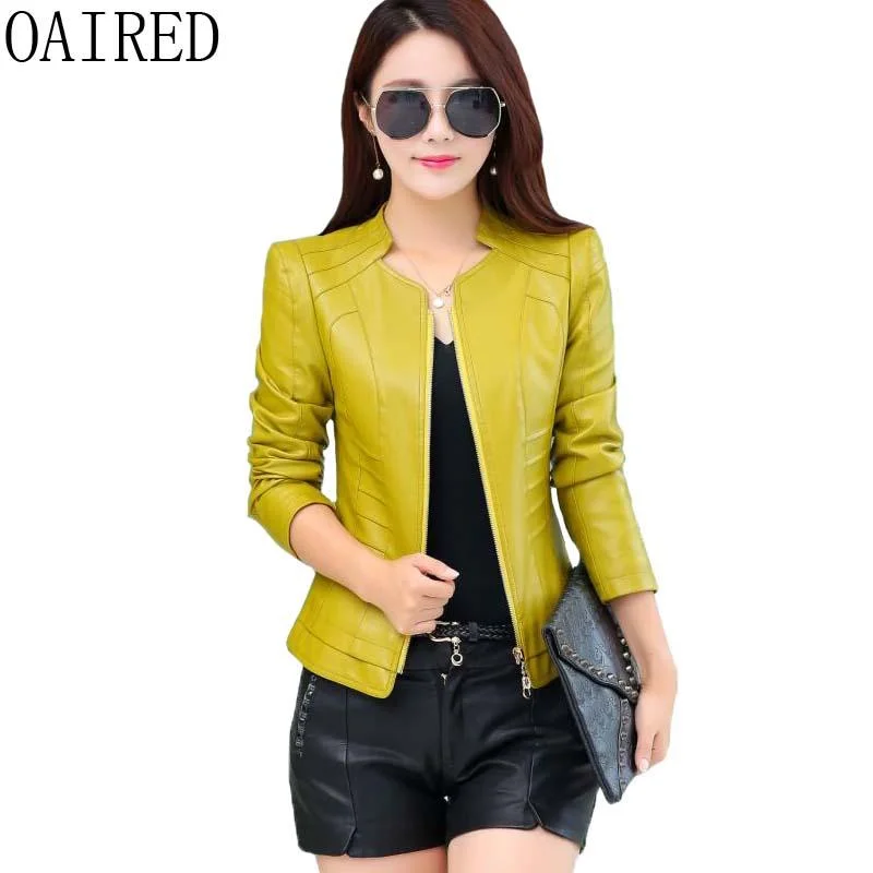 Women’s wool trench coats for fall fashion -Short Slim Motorcycle PU Faux Leather Jacket