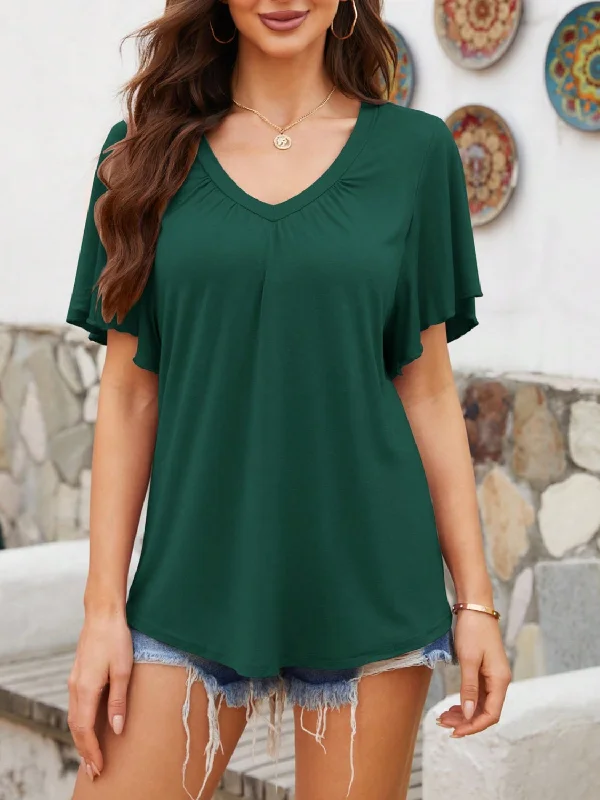 Women’s button-front tops for easy wear -V-Neck Flutter Sleeve T-Shirt