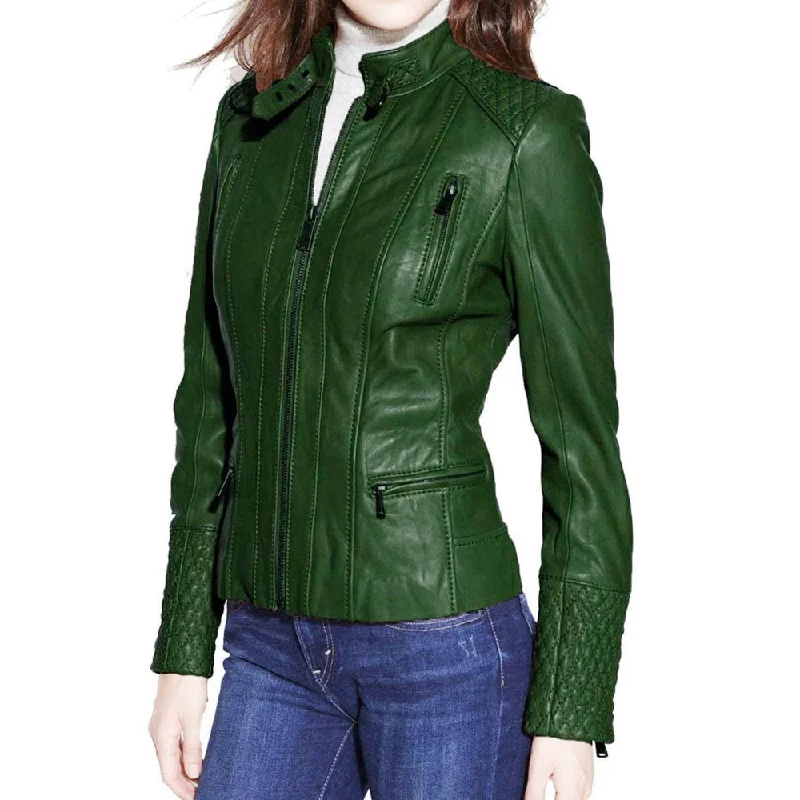 Women’s rain jackets for wet weather protection -Women Slim Fit Dark Green Leather jacket