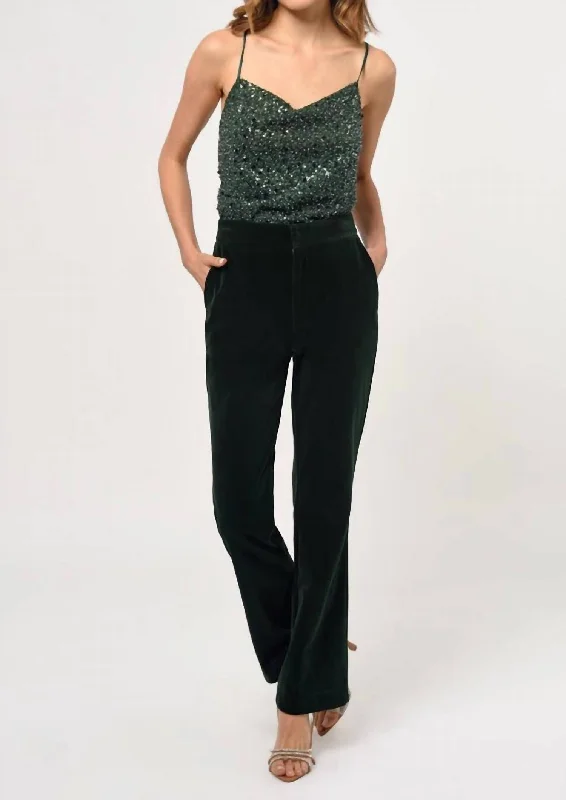 Women’s striped pants for nautical-inspired fashion -Milton Velvet Straight Leg Trouser In Forest Green