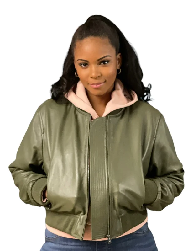 Women’s bomber coats for sporty look -Ladies cropped leather jacket Style # 1018