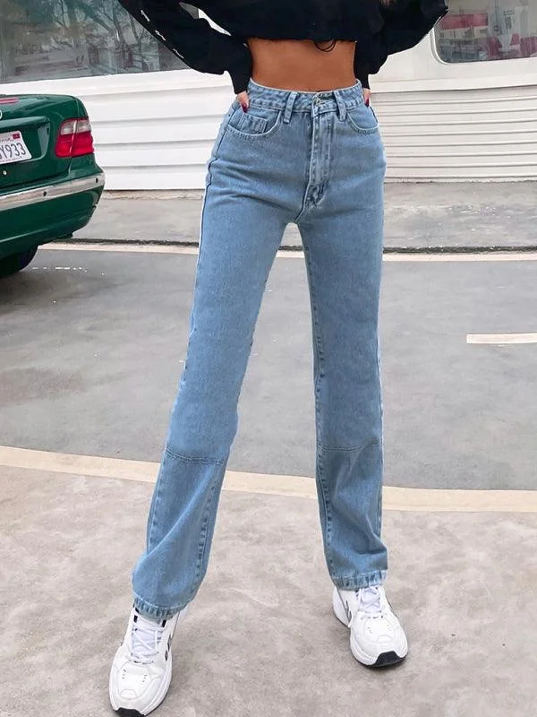 Women’s ripped jeans for casual street style -Women's Denim Jeans - High Waist Straight-leg