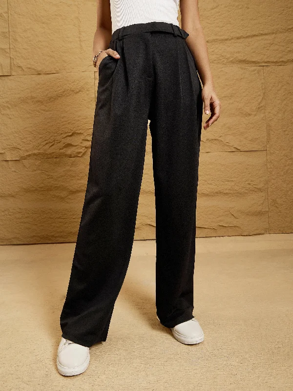 Women’s tuxedo style pants for formal events -Women Black Waist Belt Comfort Fit Korean Pants