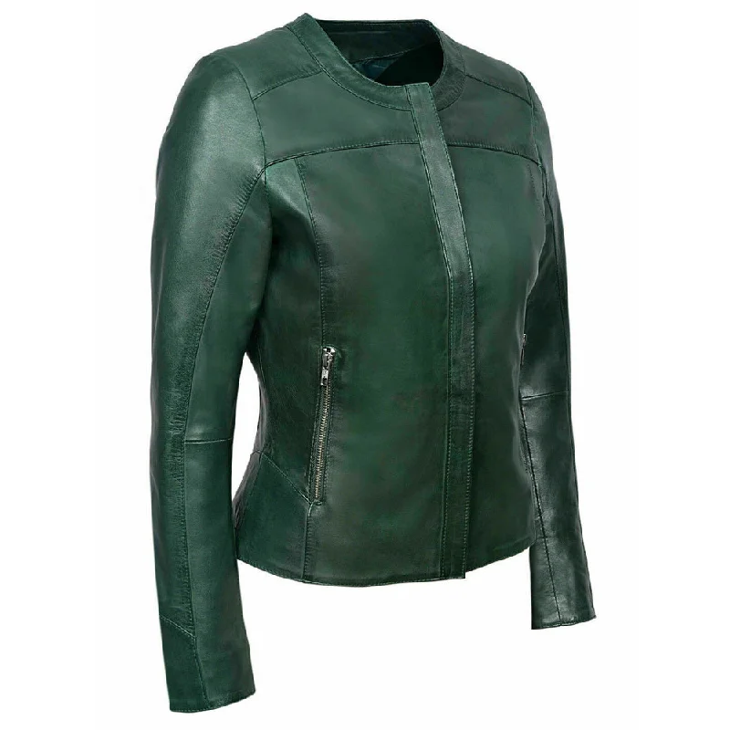 Women’s parkas for extreme cold weather -Slim Fit Green Leather Jacket