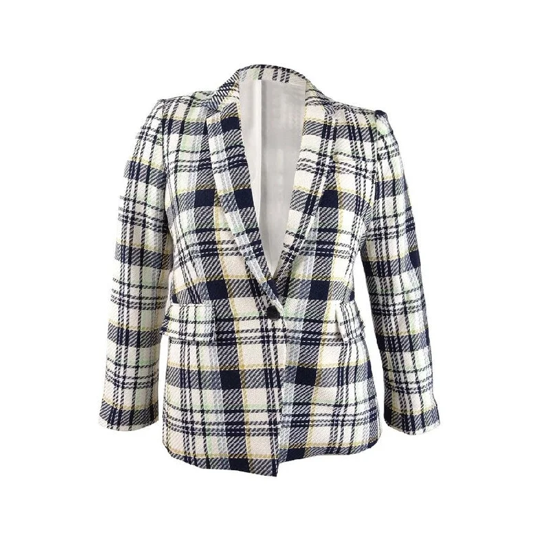 Women’s wool coats for sophisticated warmth -Vince Camuto Women’s Cotton Plaid-Print Single-Button Blazer (14, Pearl Ivory)