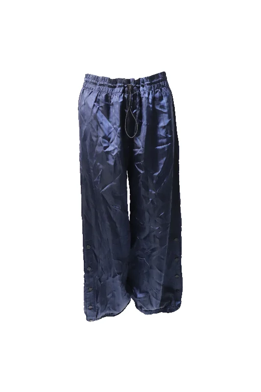 Women’s track pants for sporty chic -Monse Snap-Embellished Pinstriped Wide-Leg Pants in Navy Blue Satin