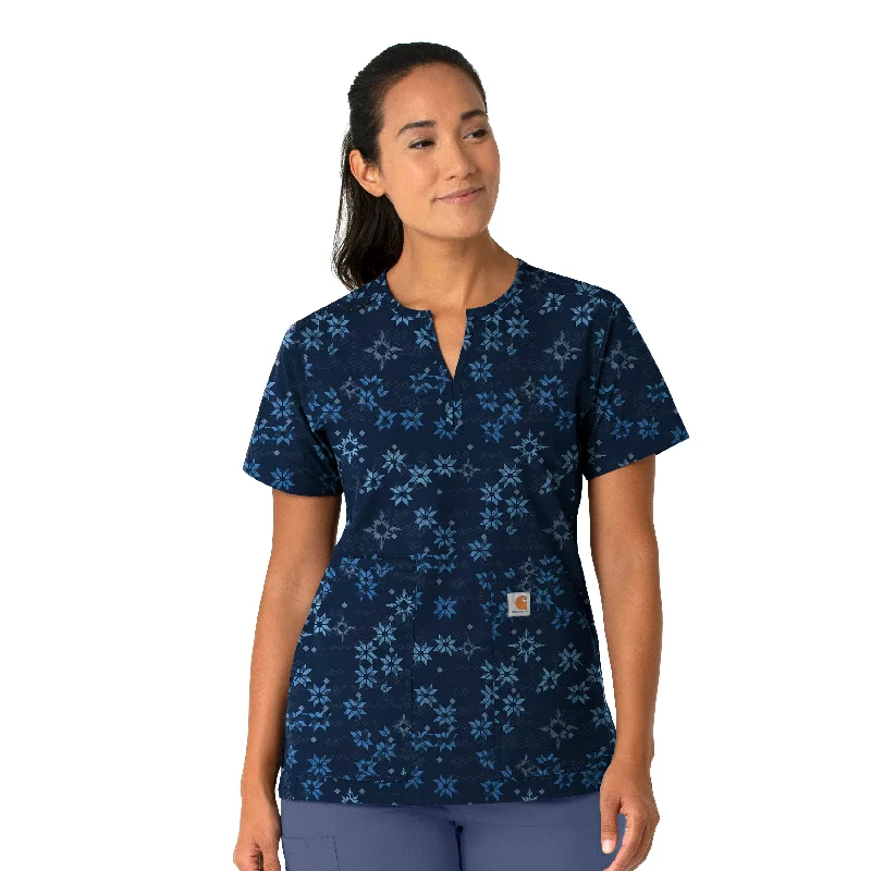 Women’s mesh tops for breathable wear -Carhartt Women's Notch Neck Print Scrub Top - Winter Quilt Navy