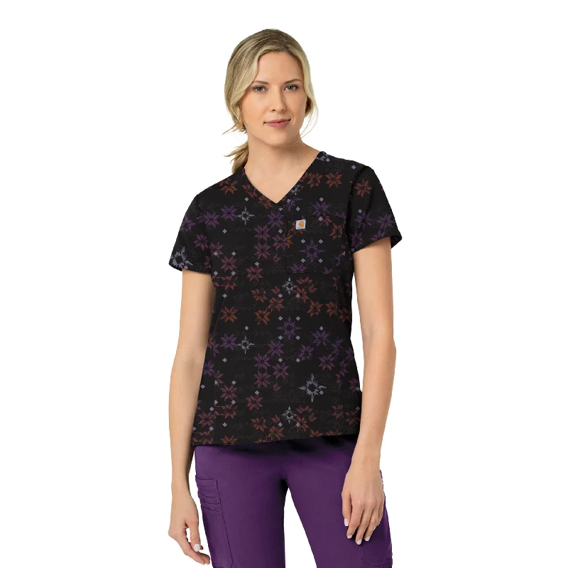 Women’s ruched tops for trendy texture -Carhartt Women's Tuck-In Print Scrub Top - Winter Quilt Black