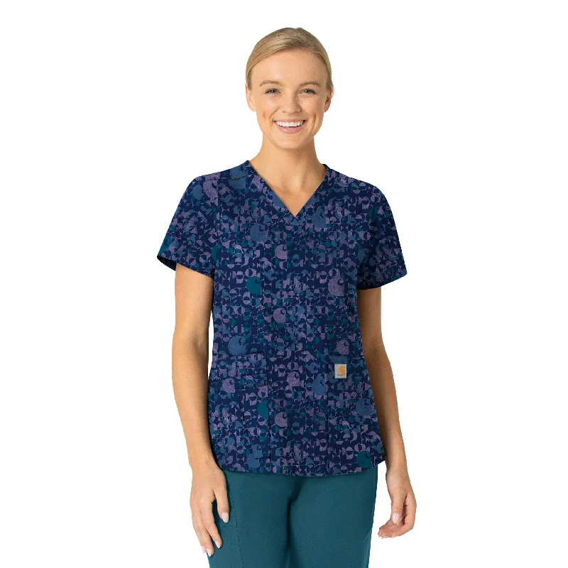 Women’s striped blouse tops for office wear -Carhartt Women's V-Neck Print Scrub Top - Geo Logo Navy