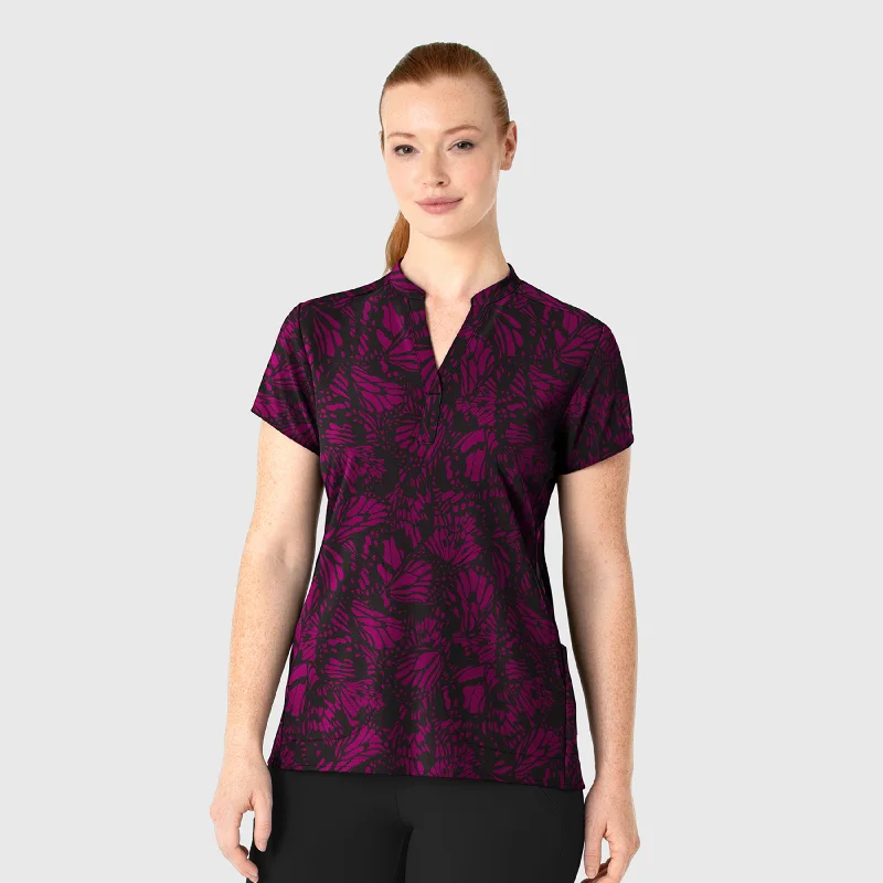 Women’s denim tops for casual chic -Women's Mandarin Collar Print Scrub Top - Sky Flutter Wine