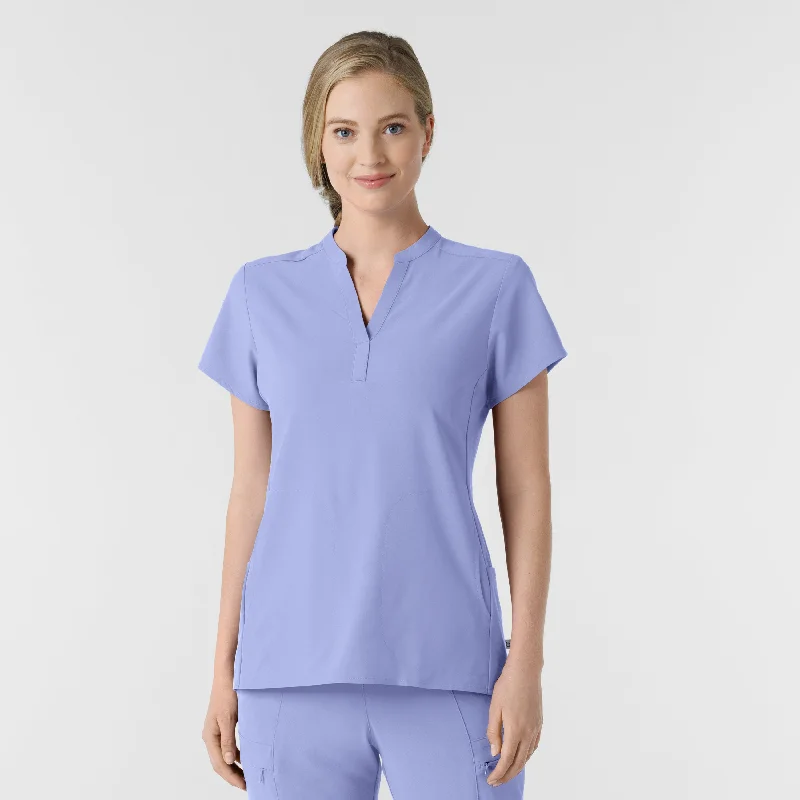 Women’s long sleeve tops for cooler days -RENEW Women's Mandarin Collar Scrub Top - Ceil Blue