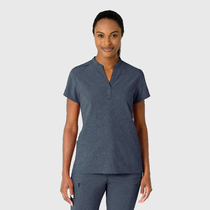 Women’s puff sleeve tops for dramatic effect -RENEW Women's Mandarin Collar Scrub Top - Navy Heather