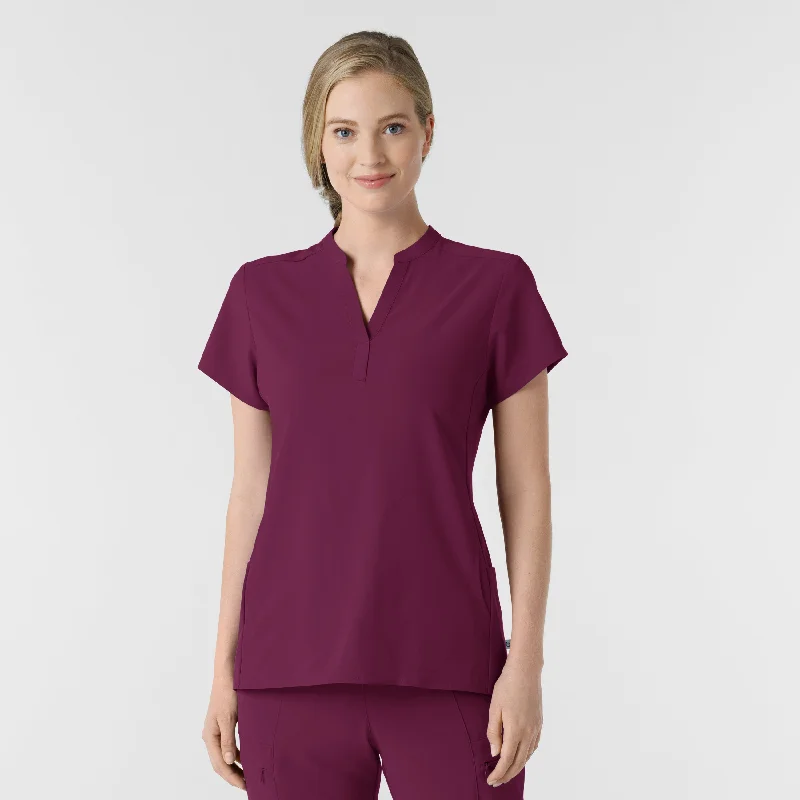 Women’s thermal knit tops for extra warmth -RENEW Women's Mandarin Collar Scrub Top - Wine