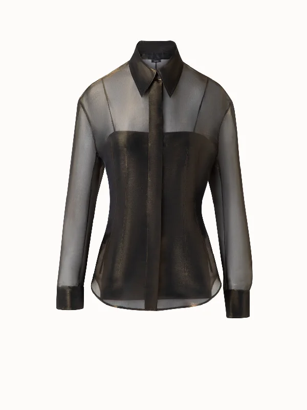 Women’s casual blouse tops for office wear -Blouse in Sheer Organza Silk with Gold Shimmer