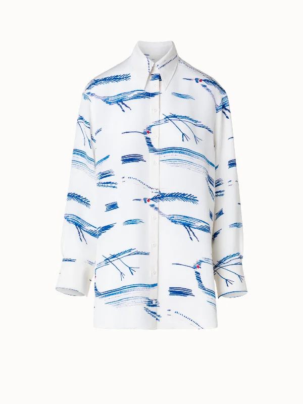 Women’s denim tops for casual chic -Oversized Silk Tunic Blouse with Kasuri Birds Print