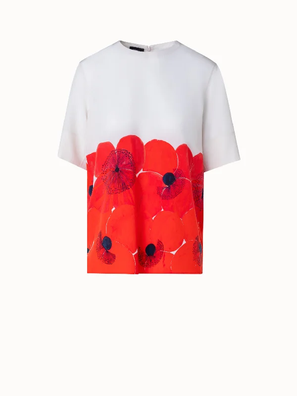 Women’s chiffon blouse tops for feminine elegance -Silk T-Shirt Blouse with Poppy Print