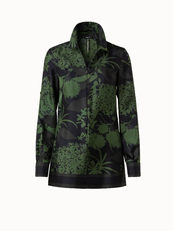 Women’s smock tops for stylish comfort -Silk Twill Tunic Blouse with Abraham Flower Print