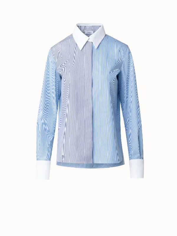 Women’s silk tops for luxurious feel -Striped Cotton Blouse with White Collar and Cuffs