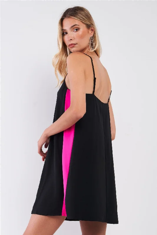 Women’s peplum dresses for structured style -Black & Pink Sleeveless V-Neck Side Stripe Detail Relaxed Mini Dress /1-2-2