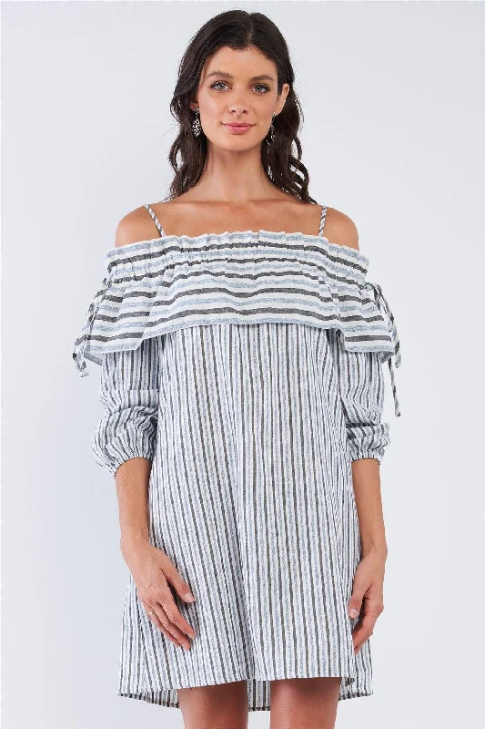 Women’s kimono dresses for flowy, elegant look -Blue&Black Loose Fit Striped Off-The-Shoulder Long Sleeve Ruffle Hem Mini Dress