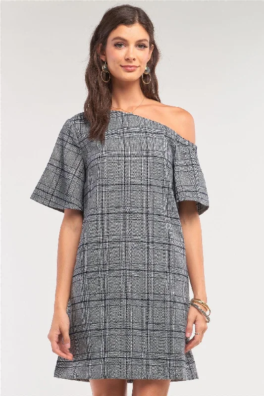 Women’s asymmetrical dresses for modern flair -Grey Checkered One-Shoulder Relaxed Fit Mini Dress