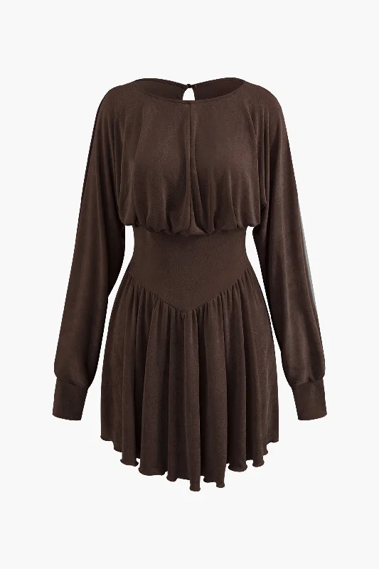 Women’s boho dresses for relaxed, carefree style -Round Neck Cut Out Pleated Long Sleeve Mini Dress