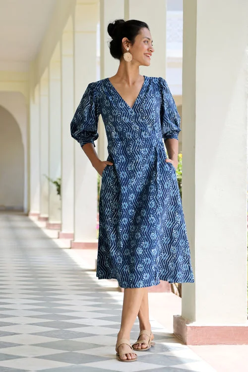 Women’s button-down dresses for easygoing fashion -Okhai 'Meanderer' Pure Cotton Hand Block Printed Wrap Dress