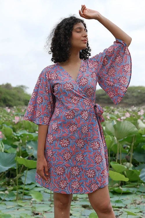 Women’s lace-up dresses for edgy flair -Okhai "Amaryllis" Hand Embroidered Mirror Work Handblock Printed Pure Cotton Wrap Dress