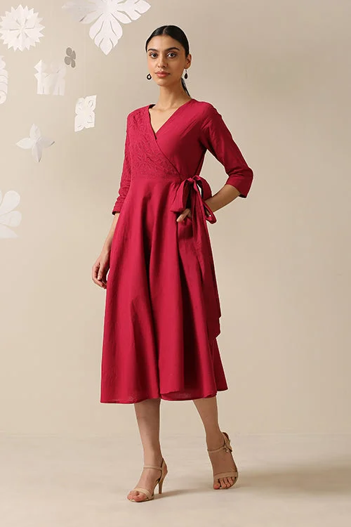 Women’s shift style dresses for comfortable elegance -Okhai 'Cherry-Ful' Pure Cotton Applique Work Hand Embroidered Wrap Dress