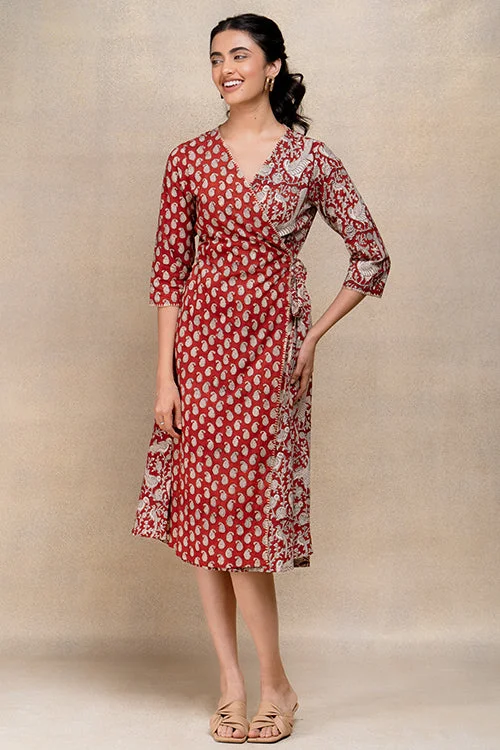 Women’s shirt dress dresses for effortless style -Okhai "Soaring Robin" Handblock Printed Pure Cotton Wrap Dress