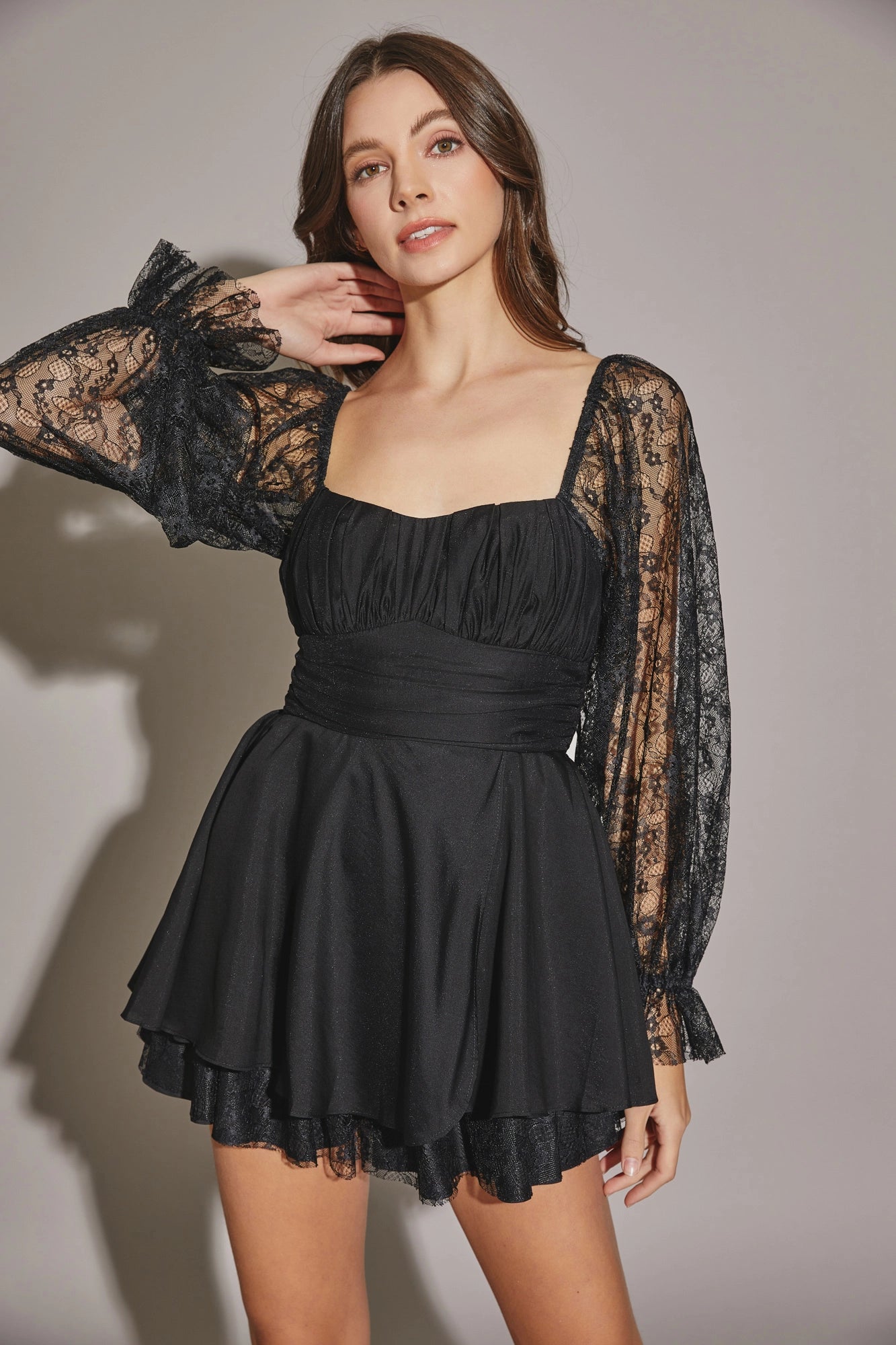 Women’s a-line dresses for classic silhouette -Lace Long Sleeve Flare Layered Silhouette Mini Dress