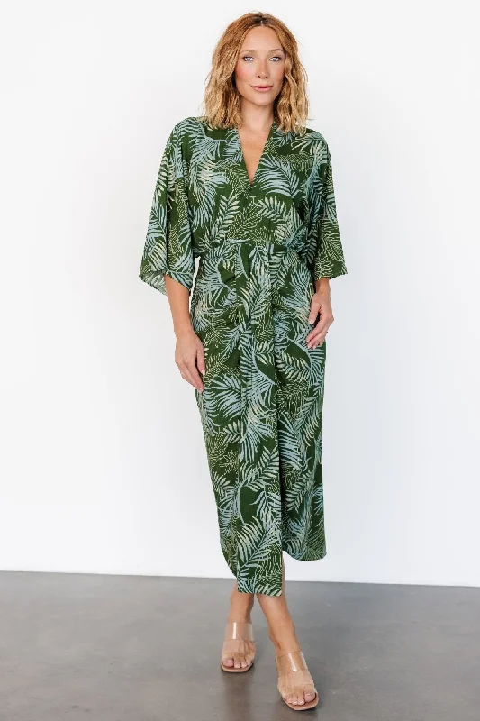 Women’s puff sleeve dresses for dramatic style -Tula Kimono Dress | Green + Blue Print