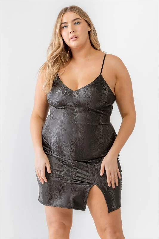 Women’s velvet dresses for luxurious feel -Plus Size Snake Vegan Leather Sleeveless Mini Dress