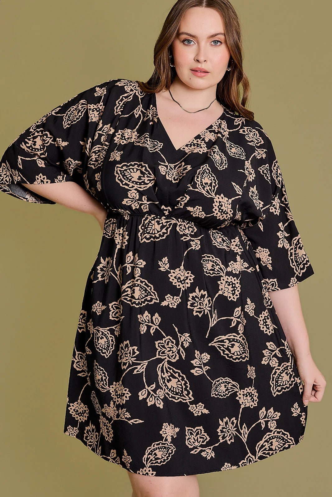 Women’s cocktail party dresses for festive occasions -Plus Size Floral A-Line 3/4 Sleeve Mini Dress